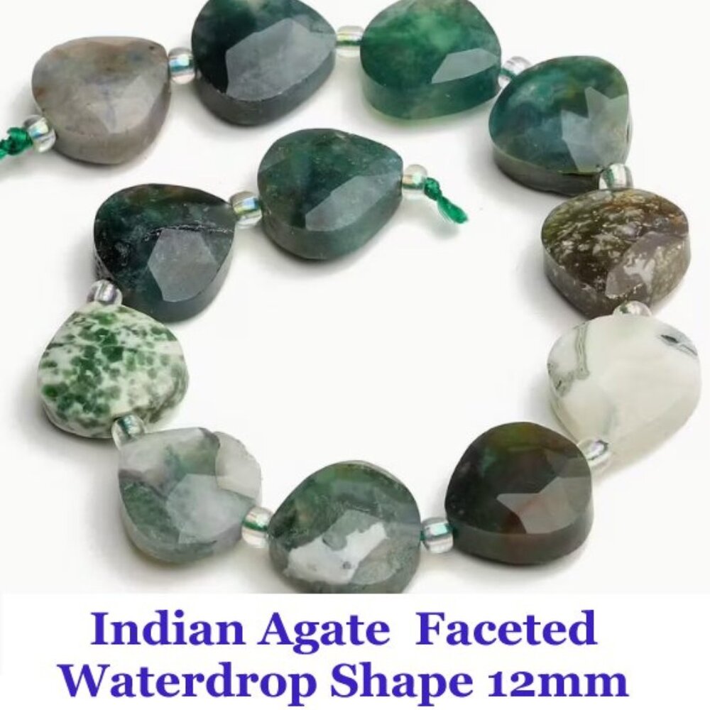 Indian Agate Loose Beads, 12mm Faceted Waterdrop Shape  7" Strand